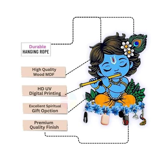 Krishna Ji Wooden Key Holder for Home/Office Decor 10X8