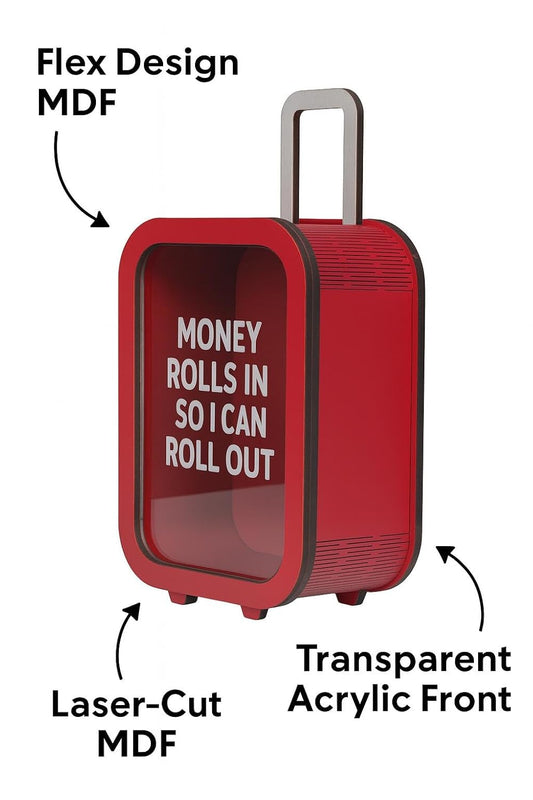 The Case Flick | Rolling Piggy Bank for Kids & Adults | Travel Suitcase Design | Reusable | MDF & Acrylic | Fun Money Saving