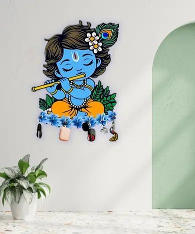 Krishna Ji Wooden Key Holder for Home/Office Decor 10X8
