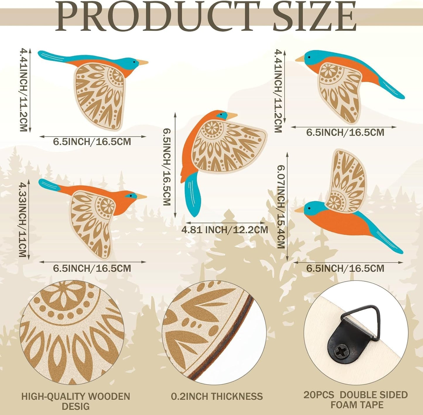 Wooden 3D 5 Pieces Birds Wall Art