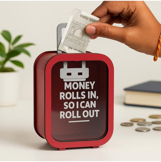 The Case Flick | Rolling Piggy Bank for Kids & Adults | Travel Suitcase Design | Reusable | MDF & Acrylic | Fun Money Saving